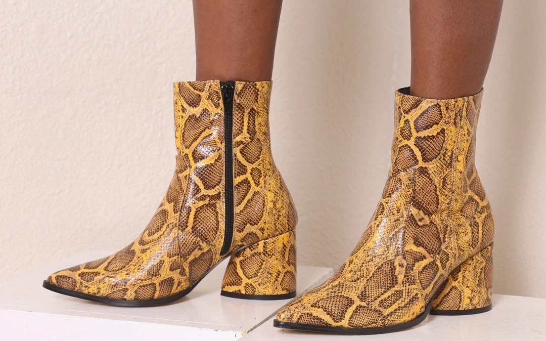 Intentionally Blank LIMA HEELED BOOT Mustard Python 6 Intentionally Blank LIMA HEELED BOOT Mustard Python